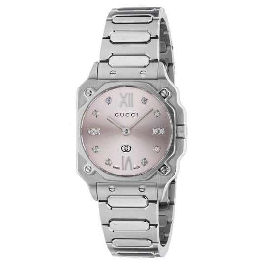 Luxury watch with a silver strap and pink dial, featuring a stylish look. Brand: GUCCI Mod. G-FLAT. Perfect for elegant occasions.
