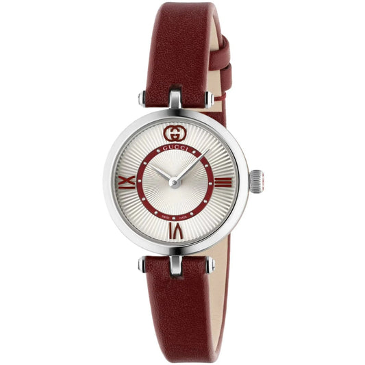 GUCCI Mod. 2000 luxury women's watch with burgundy leather strap and silver dial featuring Roman numerals. Stylish timepiece.