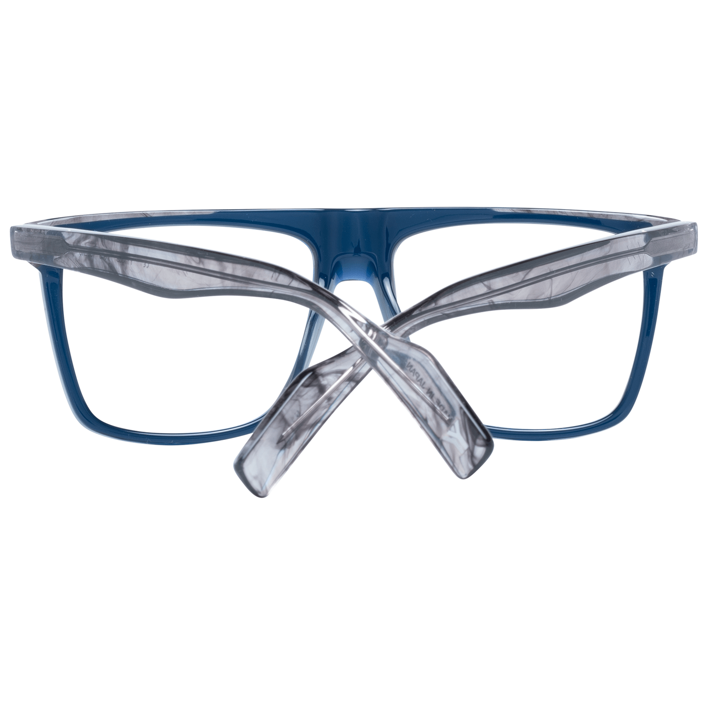 Yohji Yamamoto Blue Plastic Glasses (Frames) for men, trapezium full-rim style with spring hinge, temples 148mm, bridge 16mm, frame 140mm.