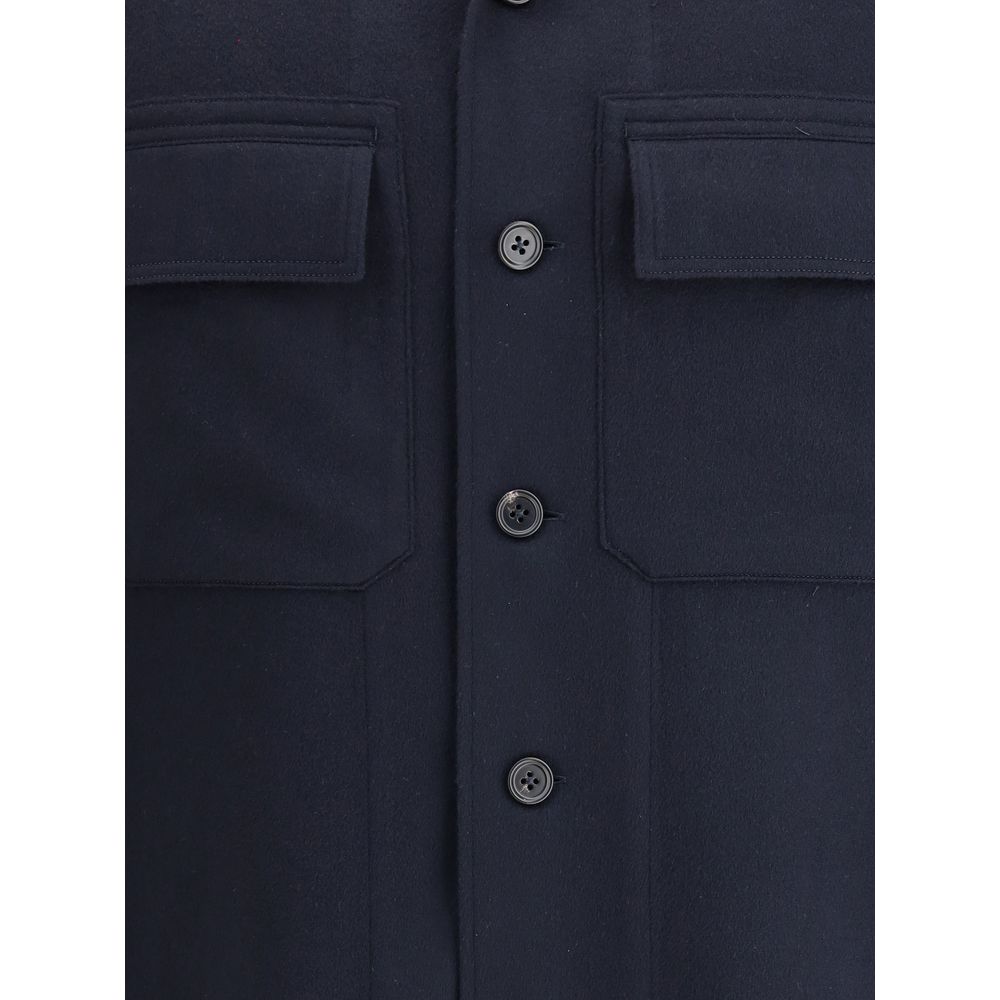 ZEGNA Blue Cashmere Coat showing front button closure and flap patch pockets for elegant contemporary styling.