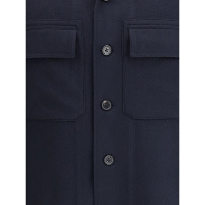 ZEGNA Blue Cashmere Coat showing front button closure and flap patch pockets for elegant contemporary styling.