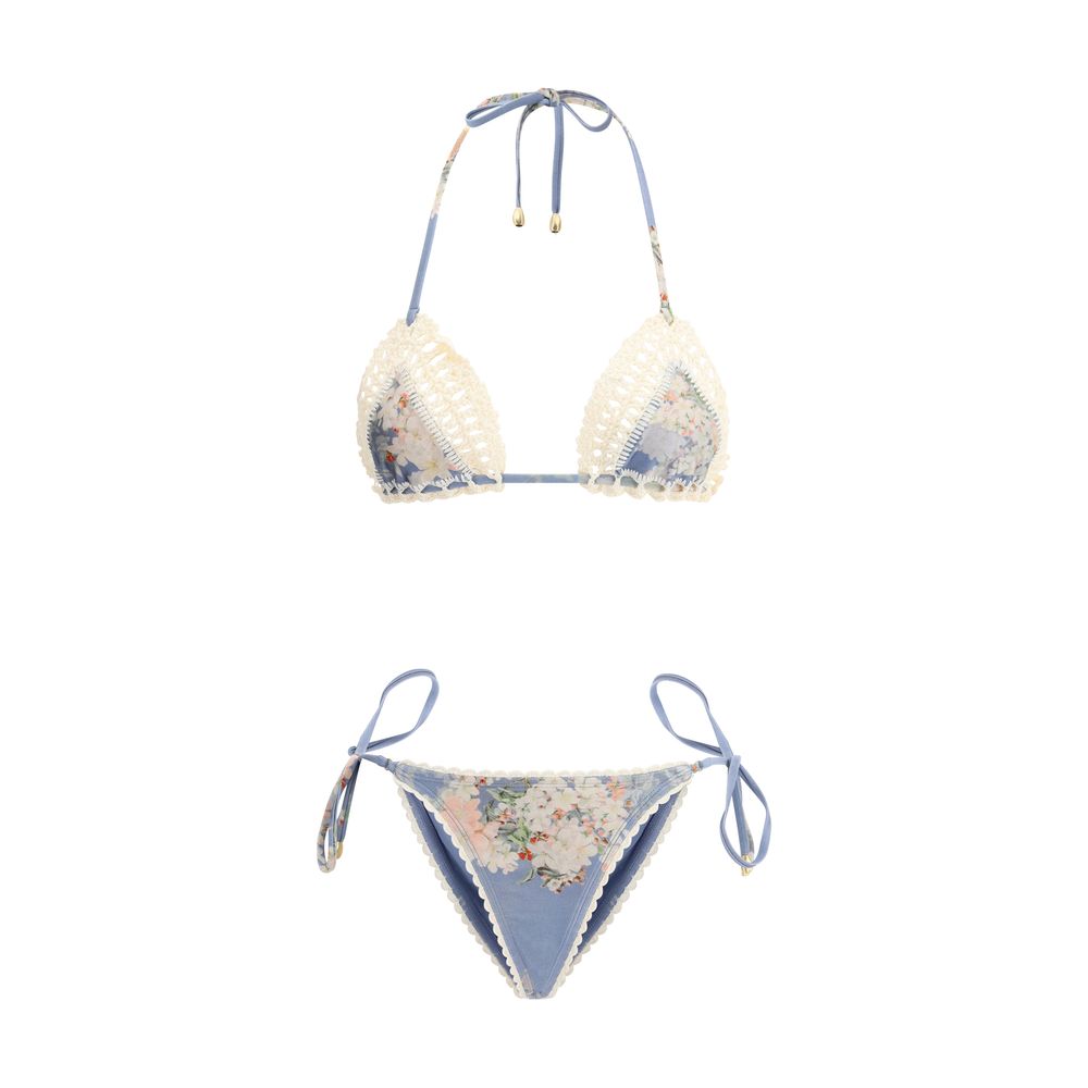 Zimmermann Light Blue Polyamide Bikini with floral print, crochet piping, and adjustable ties, ideal for feminine style in AW25.