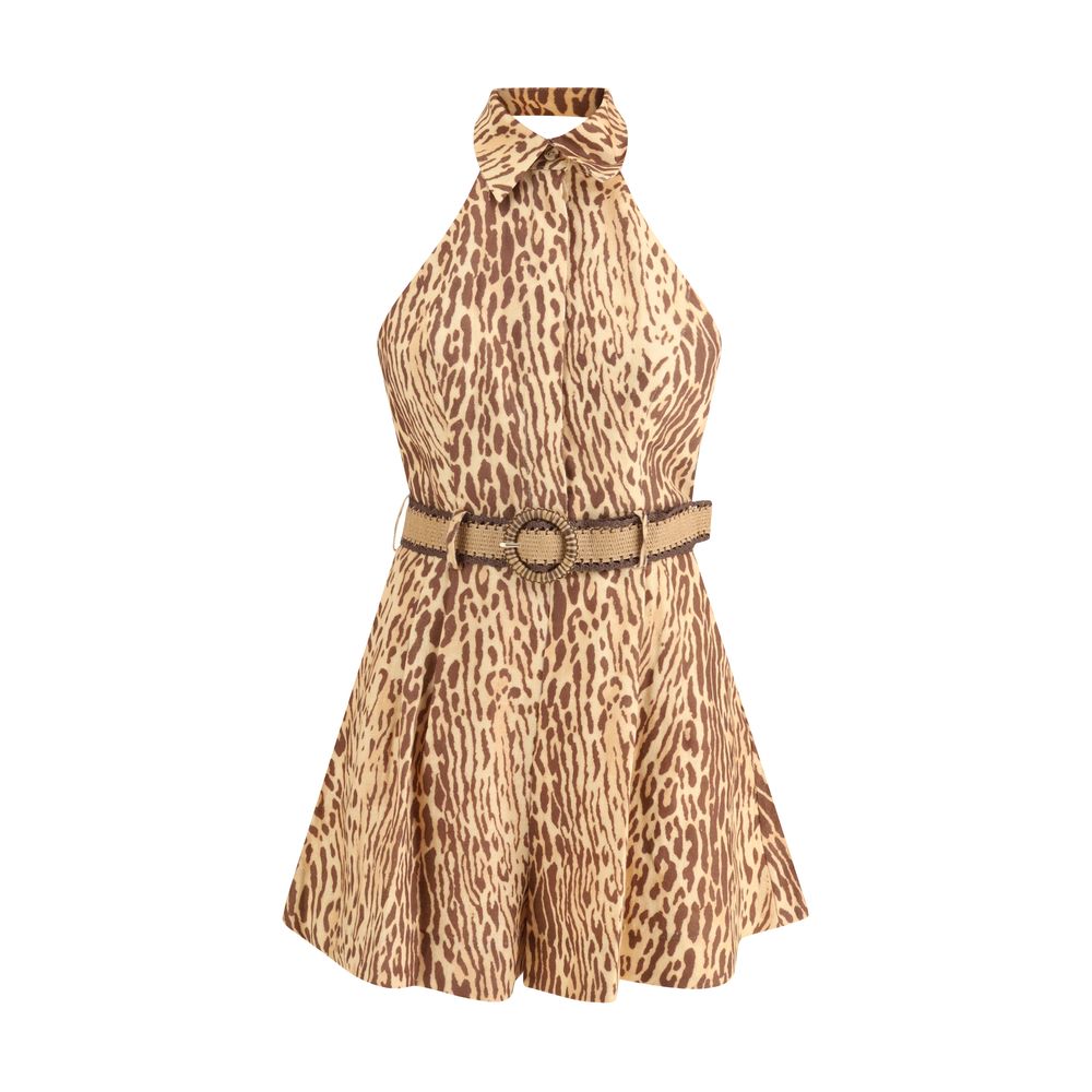 Zimmermann Multicolor Linen Casual Dress with leopard print, featuring a raffia belt and elegant design.