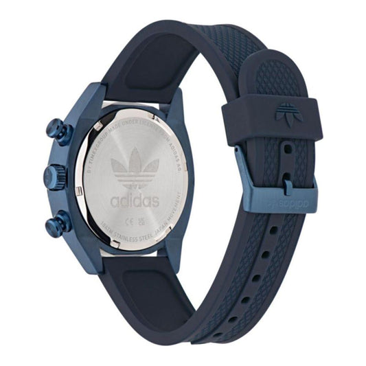 Adidas black synthetic watch with blue stainless steel case and black silicone band, quartz mechanism, analog display, water resistant.