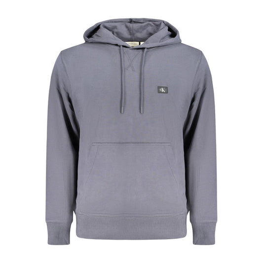 Calvin Klein blue cotton men's hooded sweatshirt with applique logo and front pocket, showcasing timeless casual fashion.