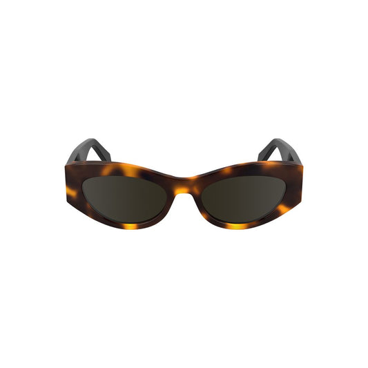 Calvin Klein brown acetate cat eye sunglasses with logo, featuring sleek lenses and luxurious design for stylish women.