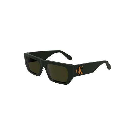 Calvin Klein green acetate men sunglasses with rectangular lenses, stylish bio acetate eyewear for a sustainable fashion statement.
