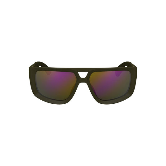 Calvin Klein green plastic men's sunglasses with bold square green lenses and durable injected frame, 60mm lens width, 14mm bridge.