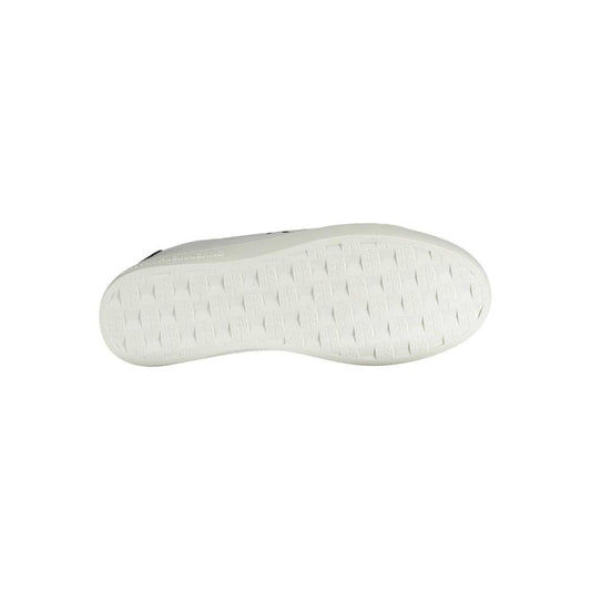 Sole view of Calvin Klein white recycled polyester men's sneaker, showcasing tread pattern and eco-friendly design.