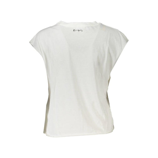 Back view of Desigual White Cotton Women's T-Shirt with sleeveless style, featuring a subtle back logo and soft, breathable fabric.