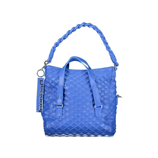 Desigual blue polyethylene handbag with quilted design, featuring removable handles and adjustable shoulder strap for versatile wear.