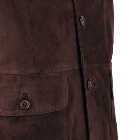 Emilio Romanelli brown calfskin suede bomber jacket with button closure and ribbed cuffs.