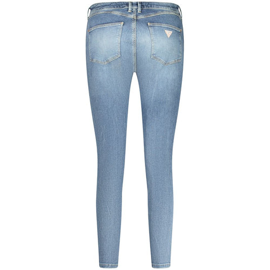 Back view of Guess skinny high blue jeans with 5 pockets, button and zip, washed effect, recycled cotton, featuring logo.