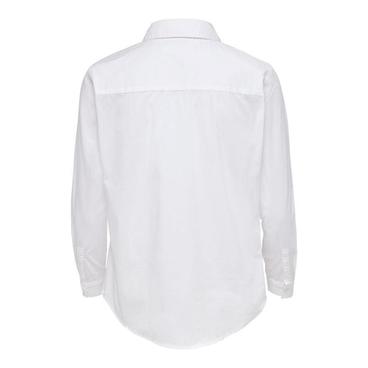 Back view of Jacqueline De Yong JDYMIO white cotton shirt with long sleeves, classic collar, and elegant design.