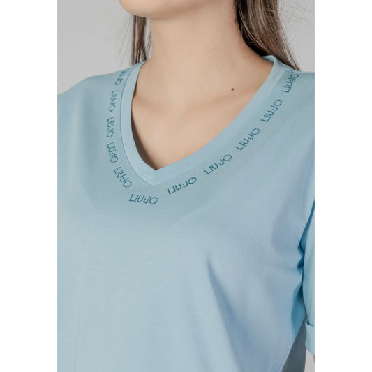 Liu Jo women's blue cotton T-shirt, short sleeves, V-neck, part of spring/summer collection. Fashionable and comfortable.