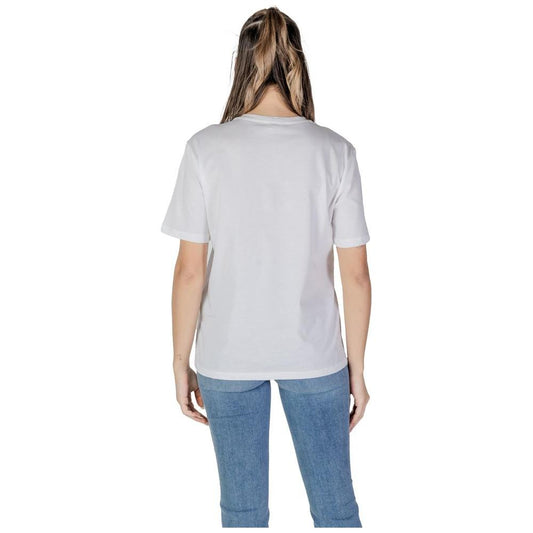 Back view of Liu Jo women's white cotton short-sleeved T-shirt from the Spring/Summer collection, paired with blue jeans.