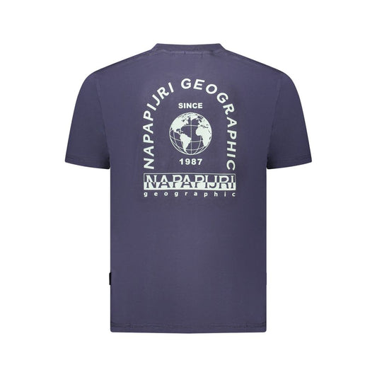 Back view of blue Napapijri cotton t-shirt featuring iconic logo and print for men.