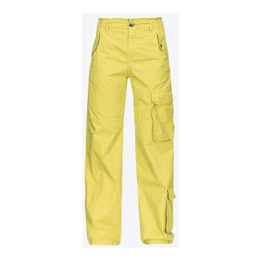 PINKO green cotton cargo pants with 5-pocket design, featuring three front pockets and two back with button and zipper closure.