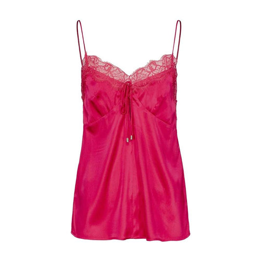PINKO fuchsia silk top with adjustable straps, made from satin and lace, featuring a vibrant red-pink color, perfect for elegant wear.