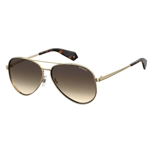 Polaroid gold metal aviator sunglasses with brown polarized lenses, model PLD6069SXJ5GL, elegant design for women.