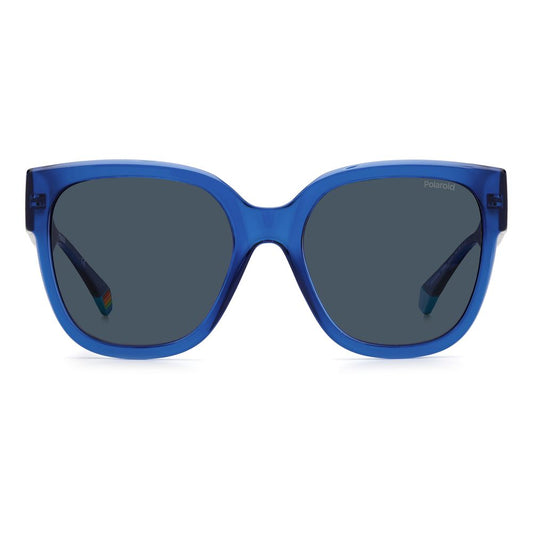 Front view of Polaroid blue plastic sunglasses with large square frames, polarized lenses, and rainbow-accented temples, model PLD6167SPJPC3.