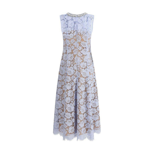 Floral lace midi dress by Self-Portrait with pearl choker, sleeveless, and zipper back, perfect for ceremonies and special events.