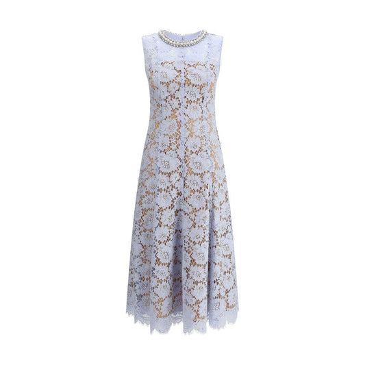 Self-Portrait lace midi dress with pearl choker, floral pattern, sleeveless, elegant for ceremonies and events.