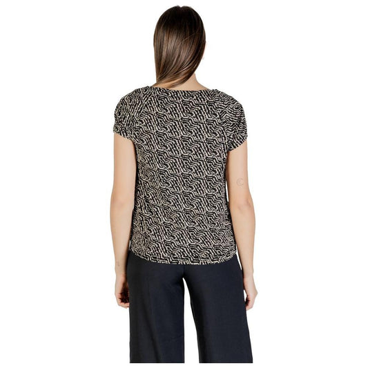 Back view of Street One black viscose shirt with short sleeves and printed design, perfect for versatile styling. Comfortable and lightweight.