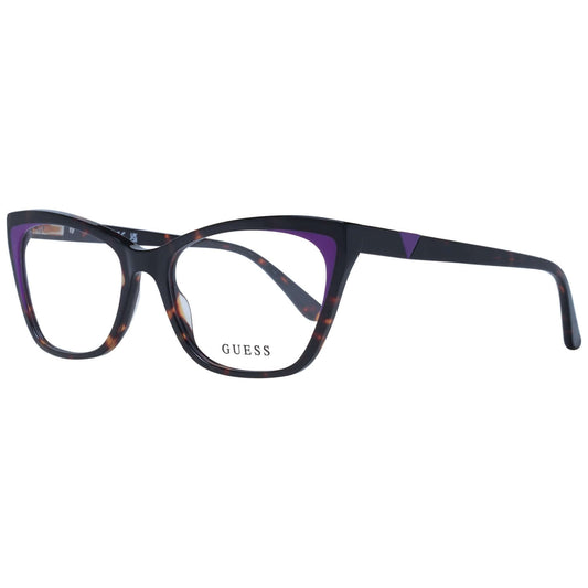 Guess eyeglasses with black and purple frame design, featuring a tortoiseshell pattern and subtle brand logo on the temple.