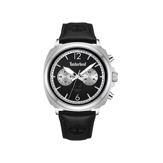 Timberland analog quartz watch with black dial, stainless steel case, and black leather strap featuring dual display.