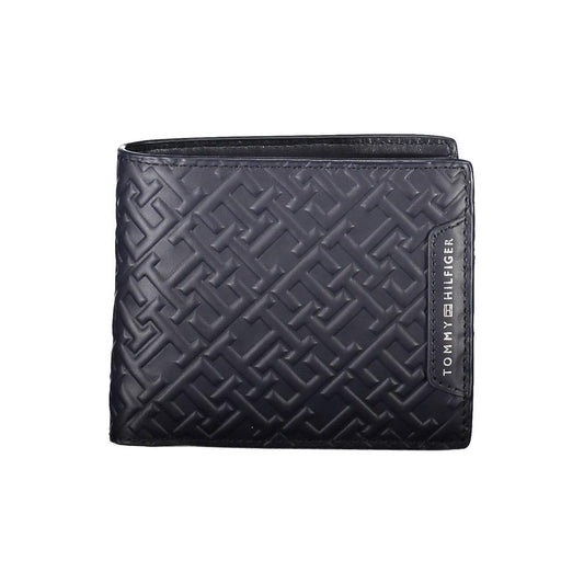 Tommy Hilfiger blue leather men's wallet with embossed pattern and logo, featuring compartments for cards, coins, and essentials.