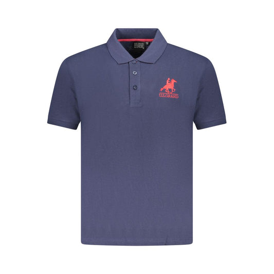U.S. Grand Polo blue cotton men's polo shirt with logo embroidery, short sleeves, and 3-button placket. Classic style.