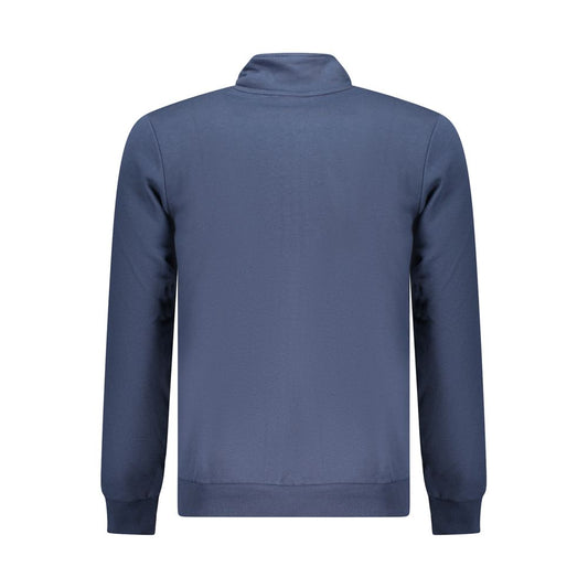 Back view of U.S. Grand Polo blue cotton sweater with long sleeves, brushed texture, two pockets, zip, and embroidered logo.