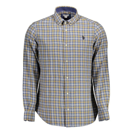 U.S. POLO ASSN. blue plaid cotton men's shirt, long sleeve with button-down collar and logo embroidery. Ideal for stylish comfort.