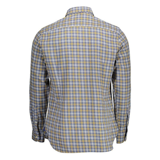 Back view of U.S. POLO ASSN. blue checkered cotton shirt for men, featuring long sleeves and a button-down collar.