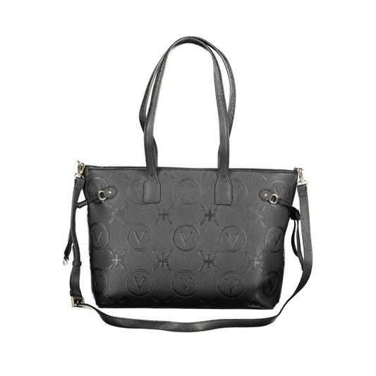 Black Valentino polyethylene handbag with two handles, adjustable straps, internal pockets, and contrasting details.