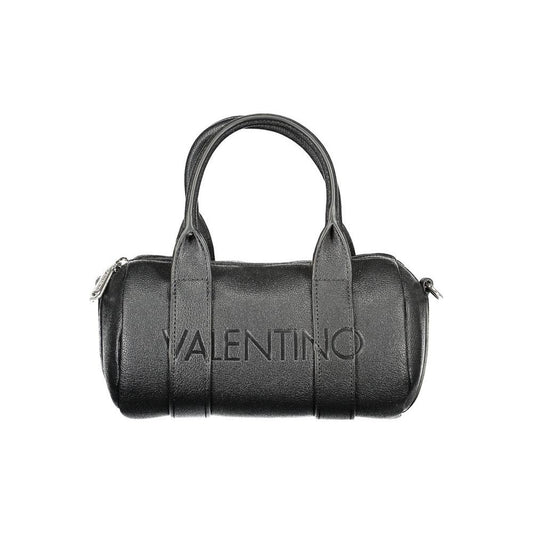 Valentino black polyethylene handbag with logo, dual handles, adjustable straps, internal pockets, zip closure, eco-friendly.