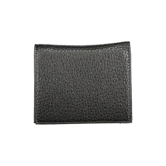 Valentino Bags black polyethylene wallet featuring card spaces, coin purse, logo, and automatic closure, made from recycled materials.