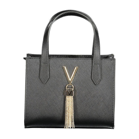 Valentino Bags black polyethylene handbag with gold accents and detachable strap, featuring two handles for versatile carrying.