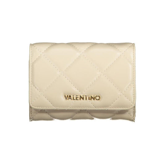 Valentino beige polyethylene wallet with 3 compartments, coin purse, card spaces, contrasting details, zip closure, and logo.