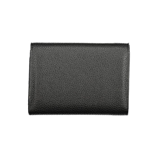 Valentino black polyethylene wallet with 3 compartments, coin purse, and card spaces. Features logo, zip, and automatic closure.